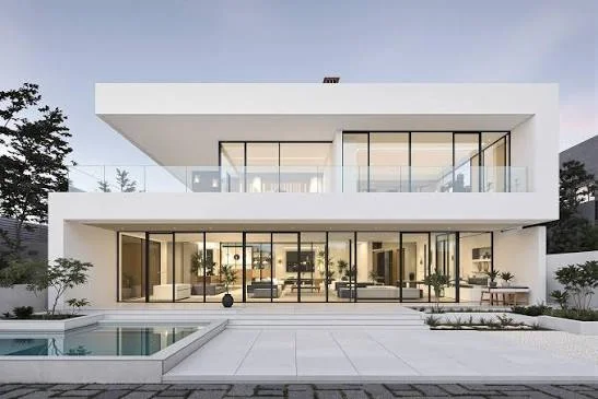 Exterior 3D render of a modern European-inspired villa by Maison Wyatt